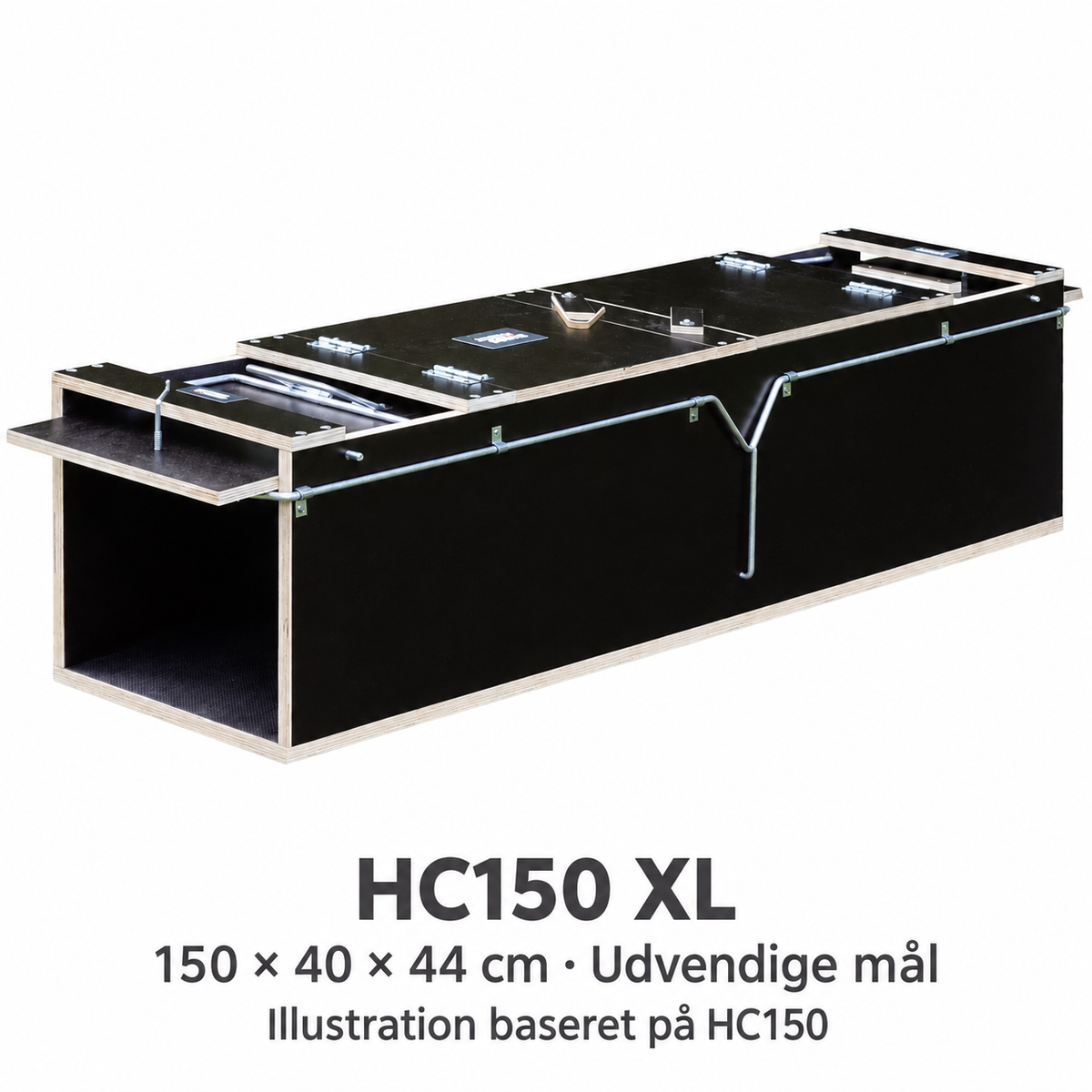 Illustration af HC150 XL baseret på HC150. Udvendige mål: 150 × 40 × 44 cm (L × B × H).