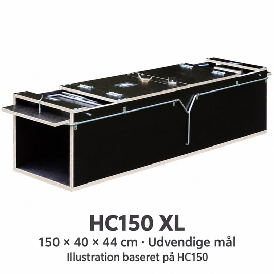 Illustration af HC150 XL baseret på HC150. Udvendige mål: 150 × 40 × 44 cm (L × B × H).