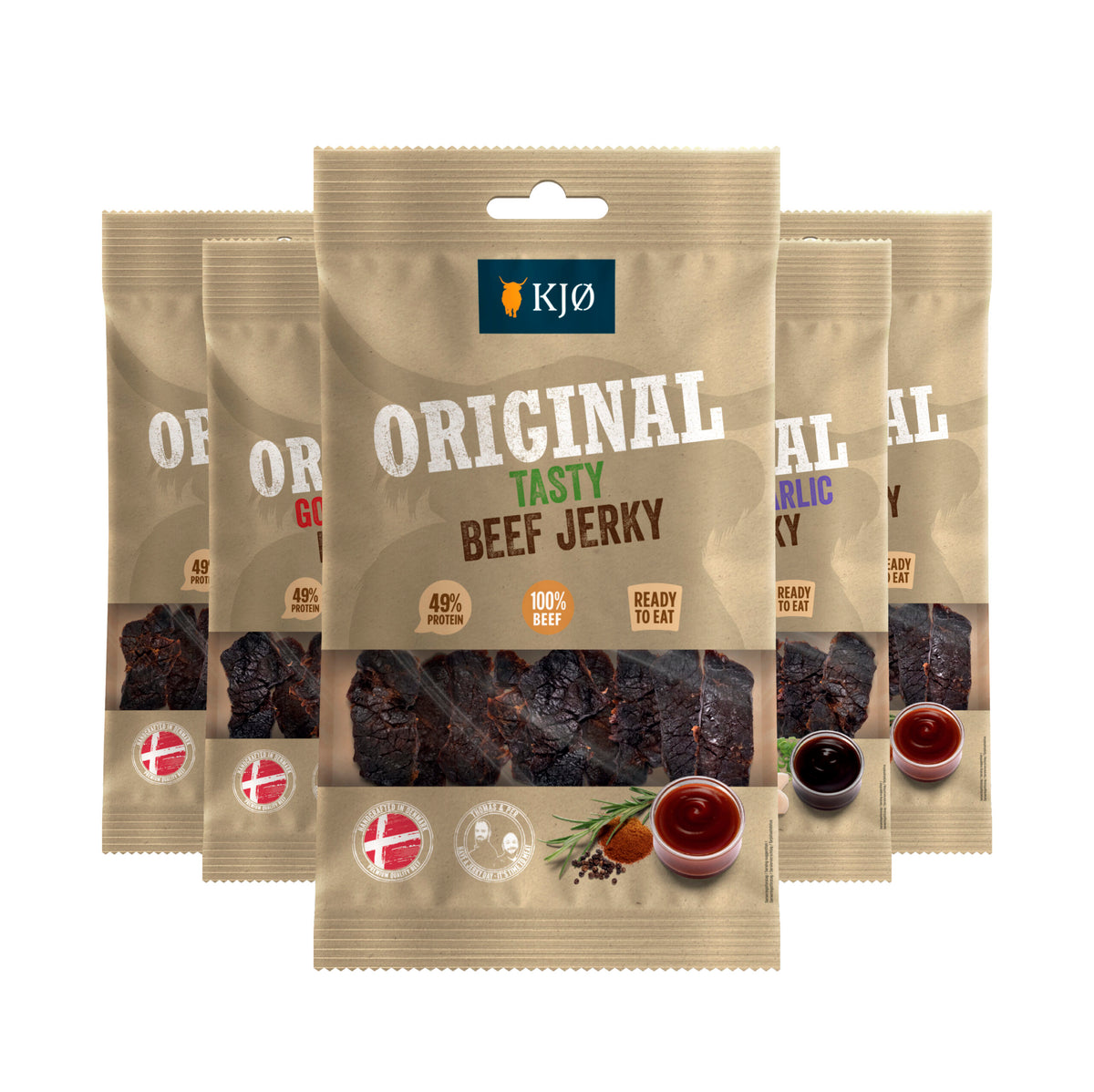 KJØ ORIGINAL smagspakke med fem poser beef jerky – produktillustration