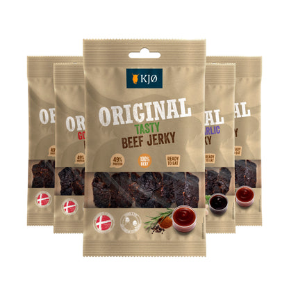 KJØ ORIGINAL smagspakke med fem poser beef jerky – produktillustration