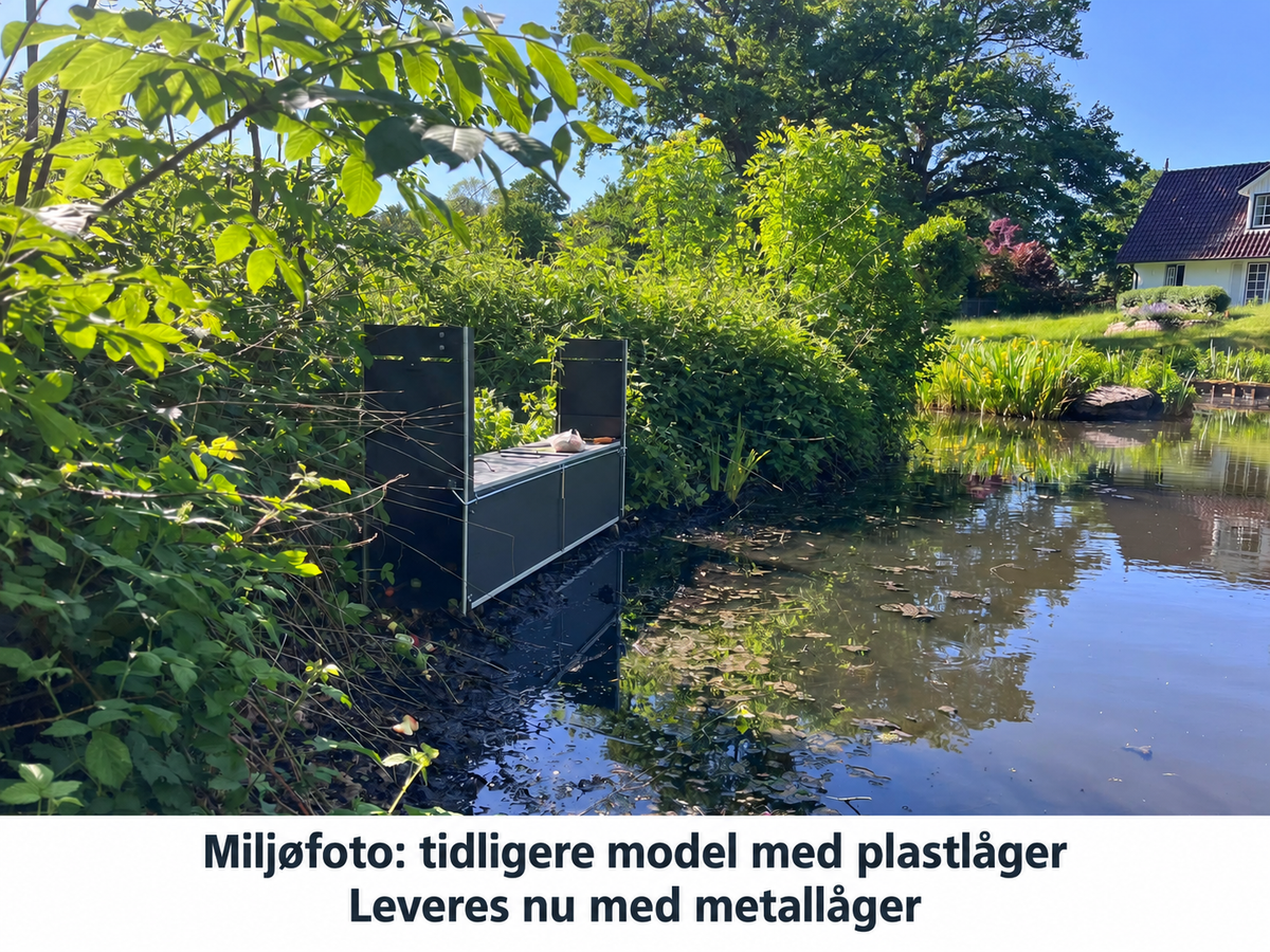 LeLa-fælde ved sø – miljøfoto af tidligere model med plastlåger; leveres nu med metallåger