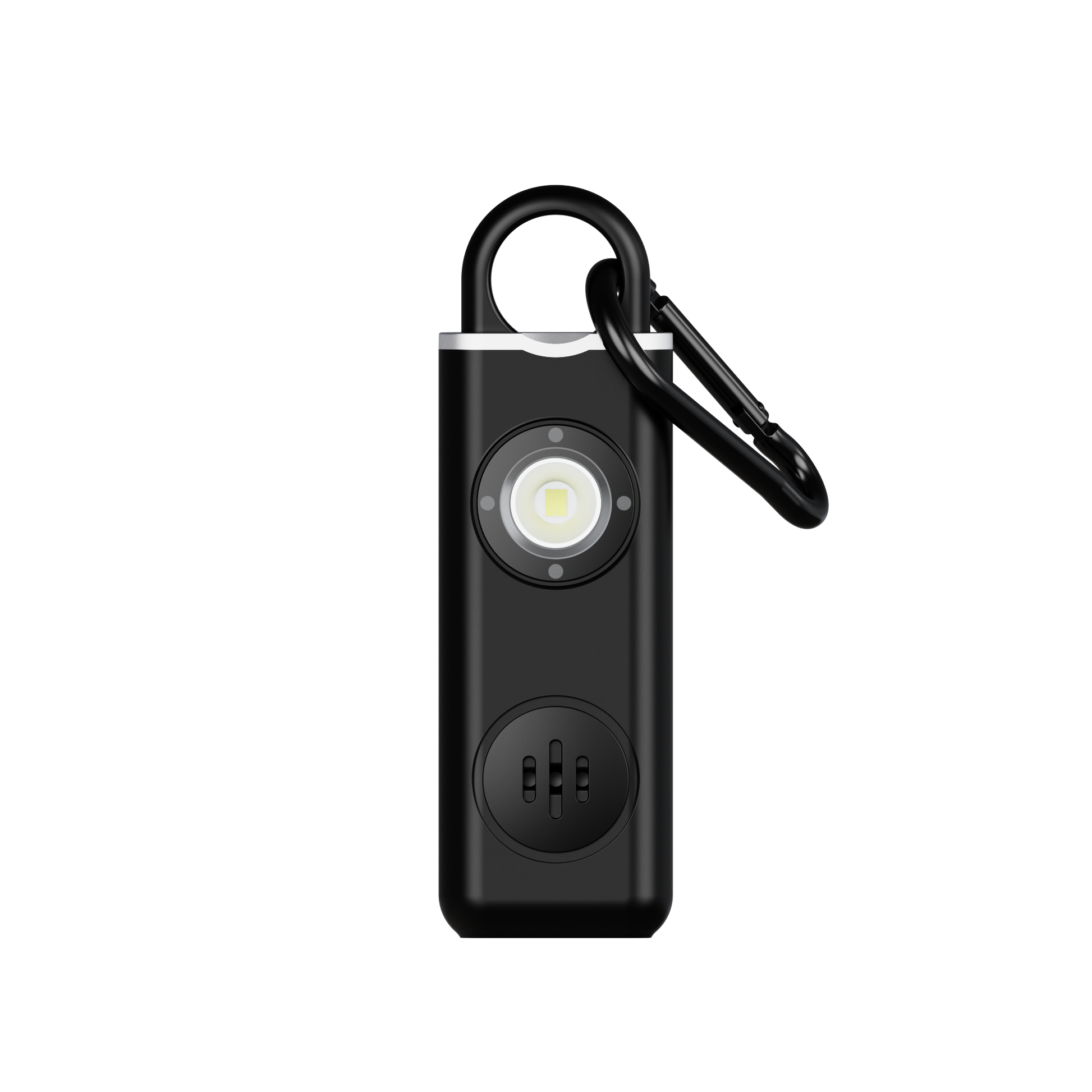 Personalarm 130 dB med LED-strobe og karabinhage